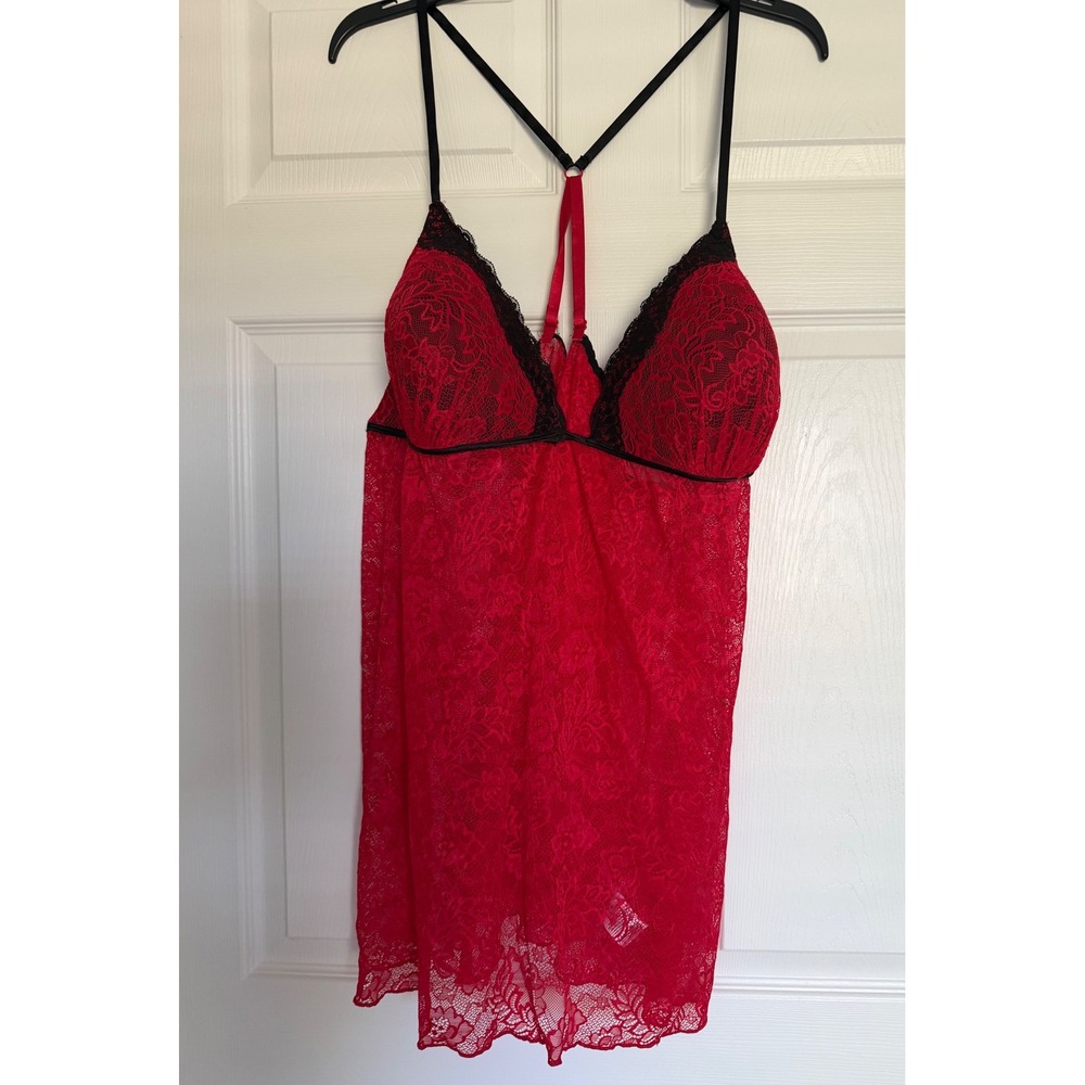 Secret‎ Treasures Red Floral Lace Babydoll Chemise 3X 22W-24W Black Trim